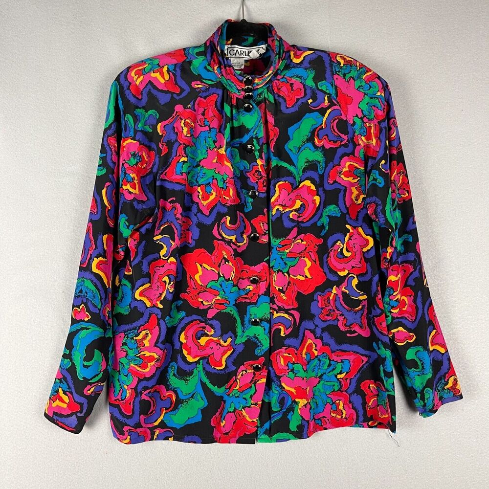 Vintage Carlisle Floral 100% Silk Top Womens 8 Blouse Colorful Shoulder Pads 80s